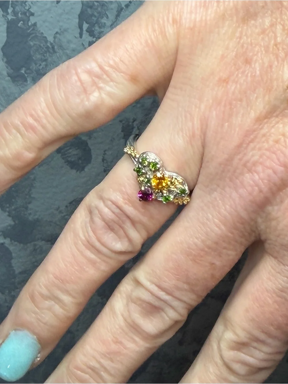 Natural Citrine Chrome Diopside & Garnet Heart Floral Twisted band Ring Sz 6.75